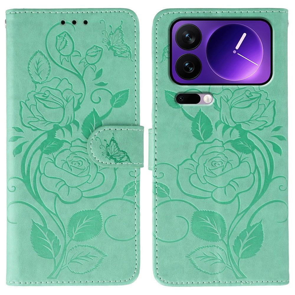 For Xiaomi 17 Pro Max Case Wallet Stand Imprinted Rose Butterfly PU Leather Phone Cover - Green