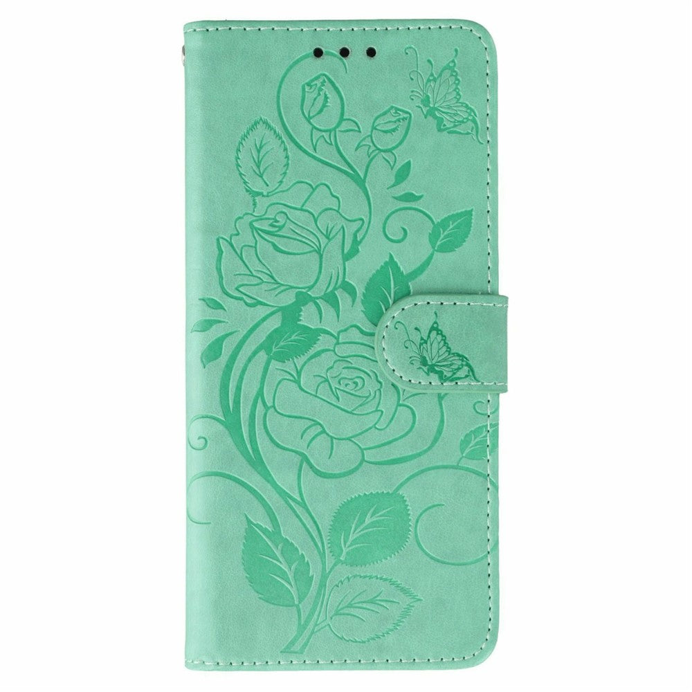 For Xiaomi 17 Pro Max Case Wallet Stand Imprinted Rose Butterfly PU Leather Phone Cover - Green