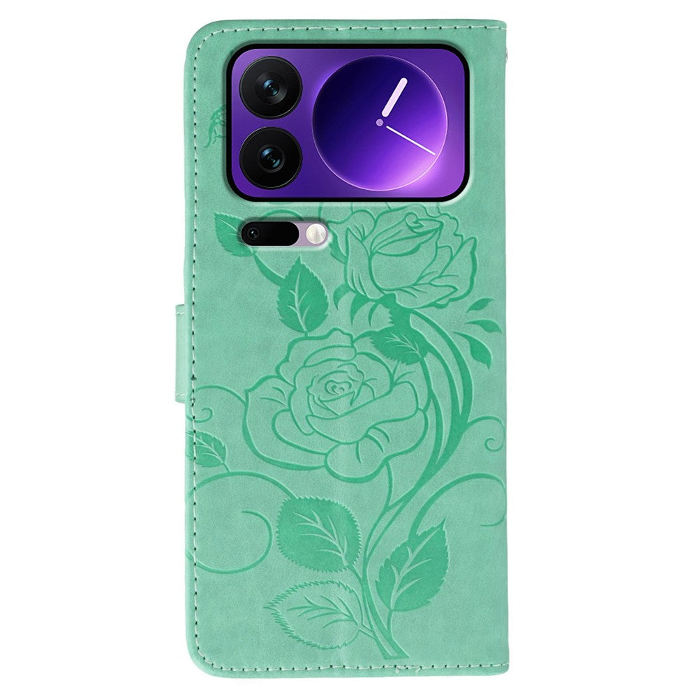 For Xiaomi 17 Pro Max Case Wallet Stand Imprinted Rose Butterfly PU Leather Phone Cover - Green