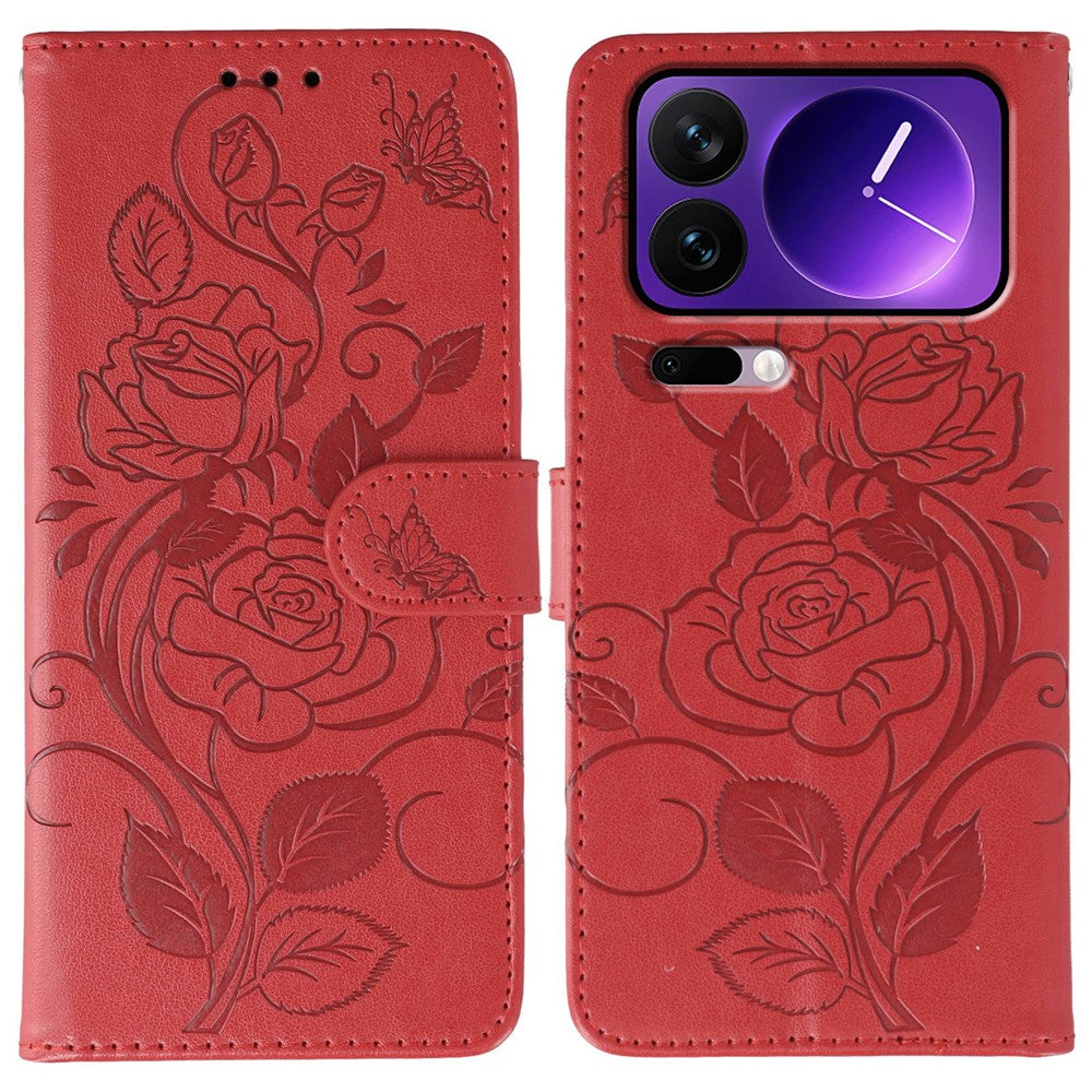 For Xiaomi 17 Pro Max Case Wallet Stand Imprinted Rose Butterfly PU Leather Phone Cover - Red