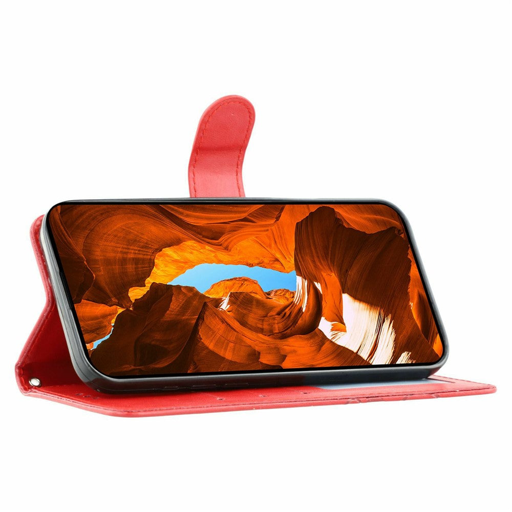 For Xiaomi 17 Pro Max Case Wallet Stand Imprinted Rose Butterfly PU Leather Phone Cover - Red