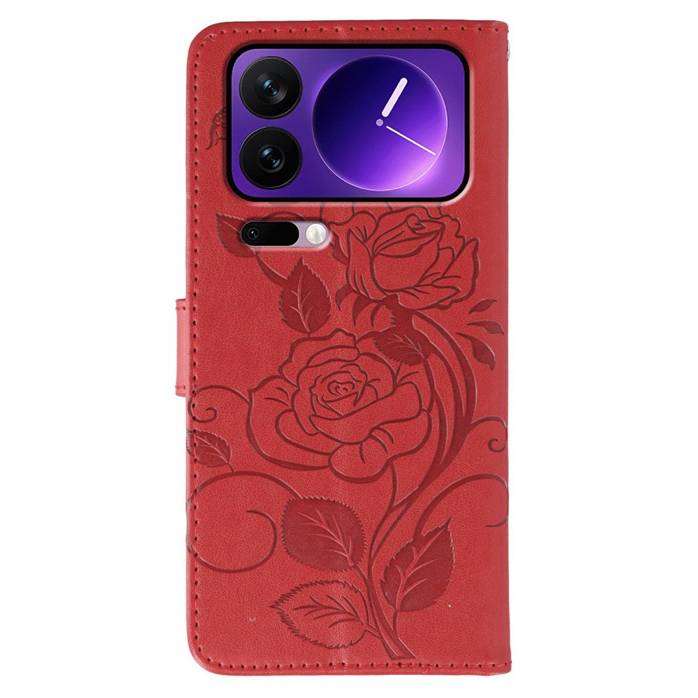 For Xiaomi 17 Pro Max Case Wallet Stand Imprinted Rose Butterfly PU Leather Phone Cover - Red