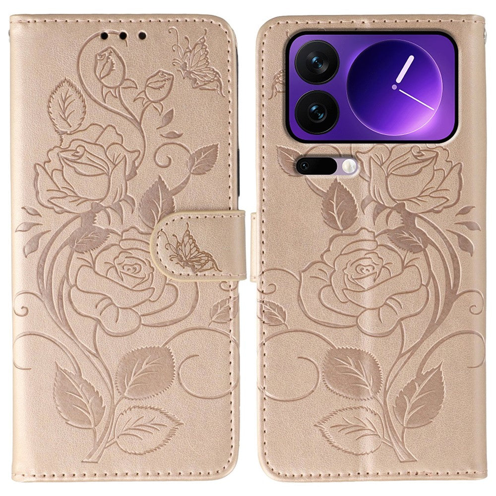 For Xiaomi 17 Pro Max Case Wallet Stand Imprinted Rose Butterfly PU Leather Phone Cover - Rose Gold