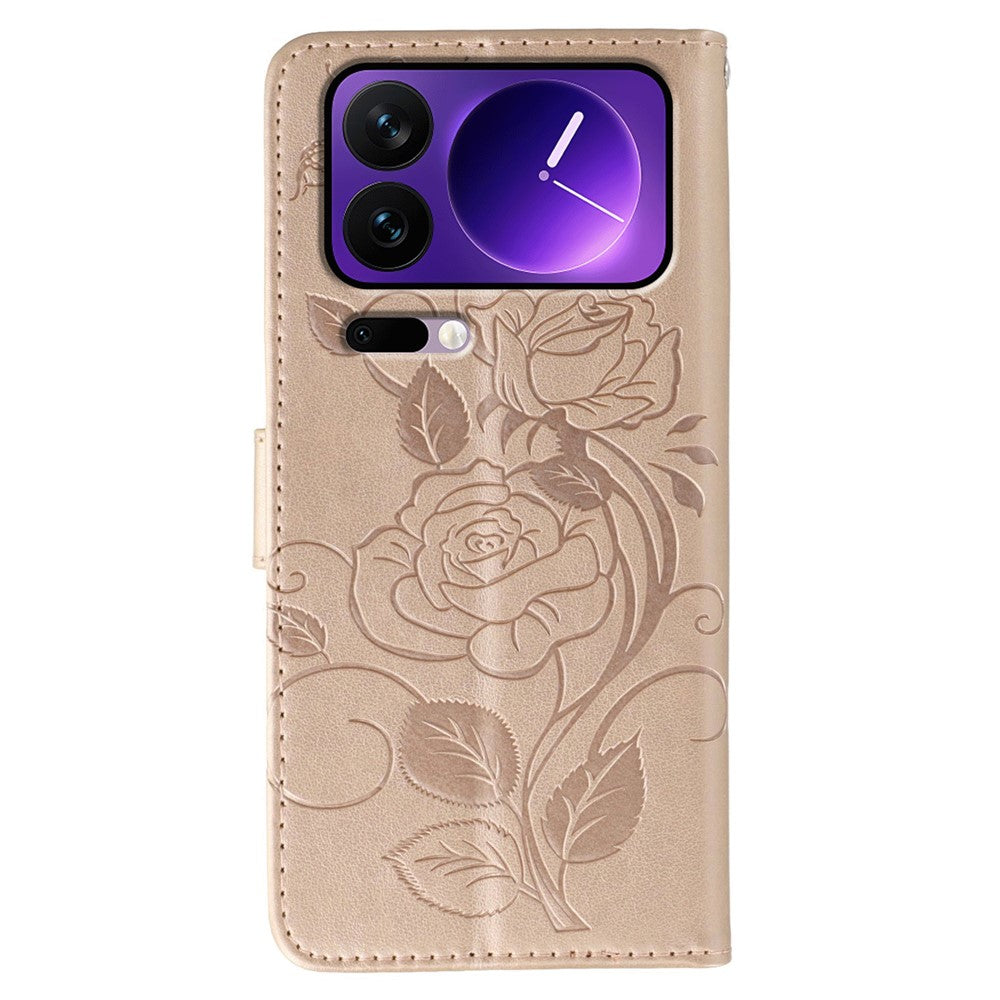 For Xiaomi 17 Pro Max Case Wallet Stand Imprinted Rose Butterfly PU Leather Phone Cover - Rose Gold