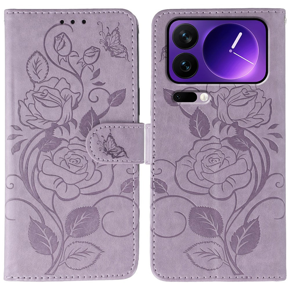 For Xiaomi 17 Pro Max Case Wallet Stand Imprinted Rose Butterfly PU Leather Phone Cover - Purple