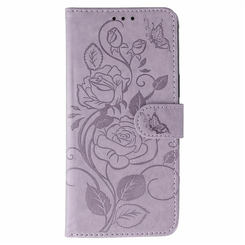 For Xiaomi 17 Pro Max Case Wallet Stand Imprinted Rose Butterfly PU Leather Phone Cover - Purple