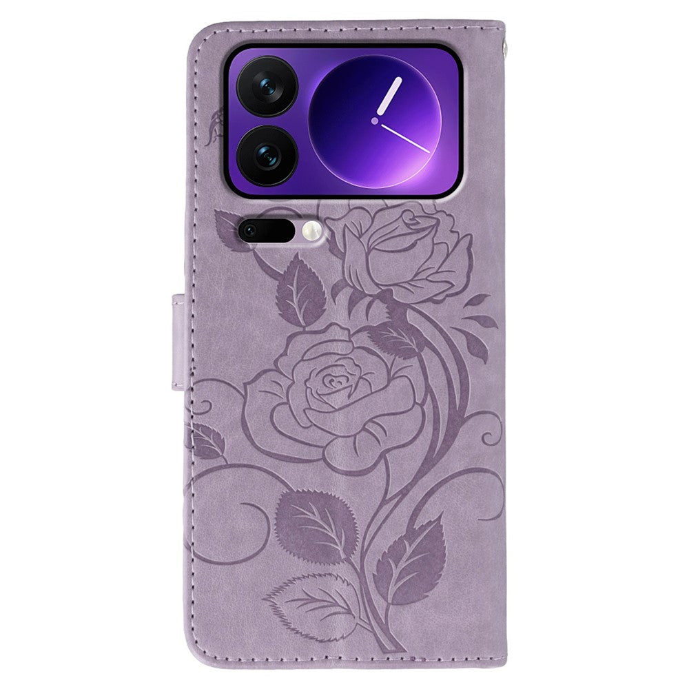 For Xiaomi 17 Pro Max Case Wallet Stand Imprinted Rose Butterfly PU Leather Phone Cover - Purple