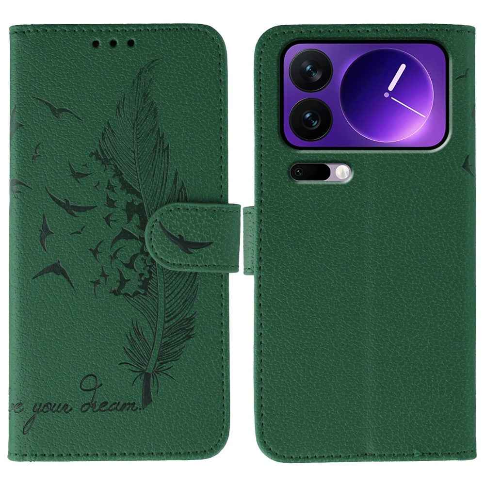 For Xiaomi 17 Pro Case Feather Imprint PU Leather Wallet Phone Cover - Green