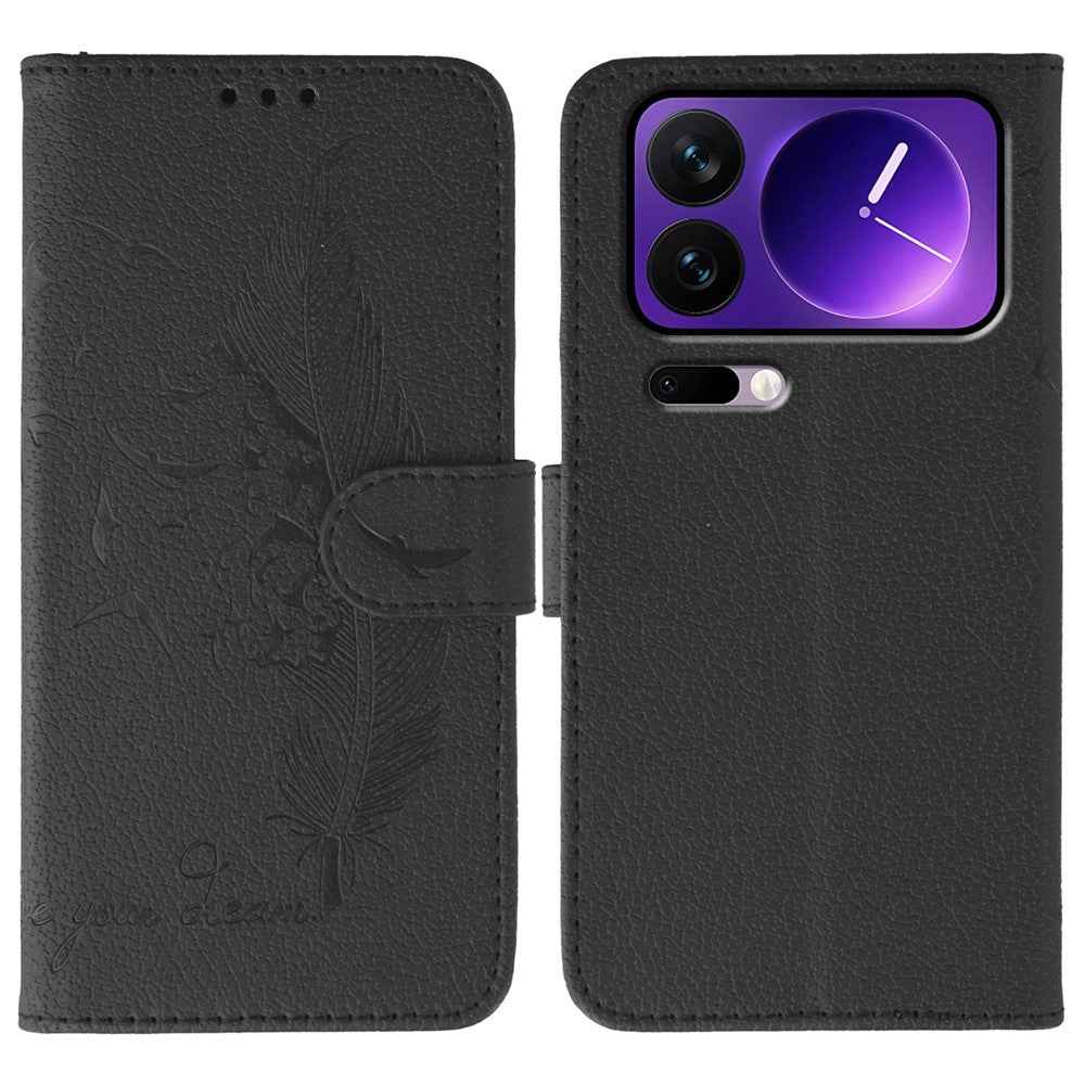 For Xiaomi 17 Pro Case Feather Imprint PU Leather Wallet Phone Cover - Black