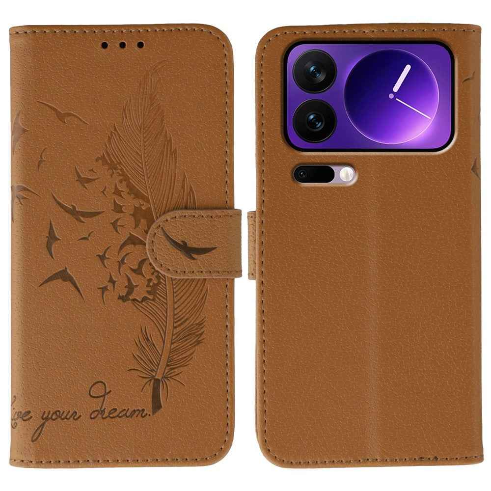 For Xiaomi 17 Pro Case Feather Imprint PU Leather Wallet Phone Cover - Brown