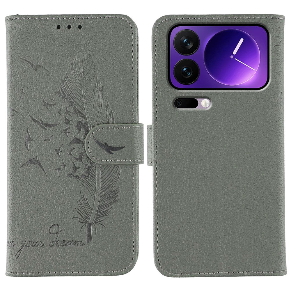 For Xiaomi 17 Pro Max Case Feather Imprint PU Leather Wallet Phone Cover - Grey