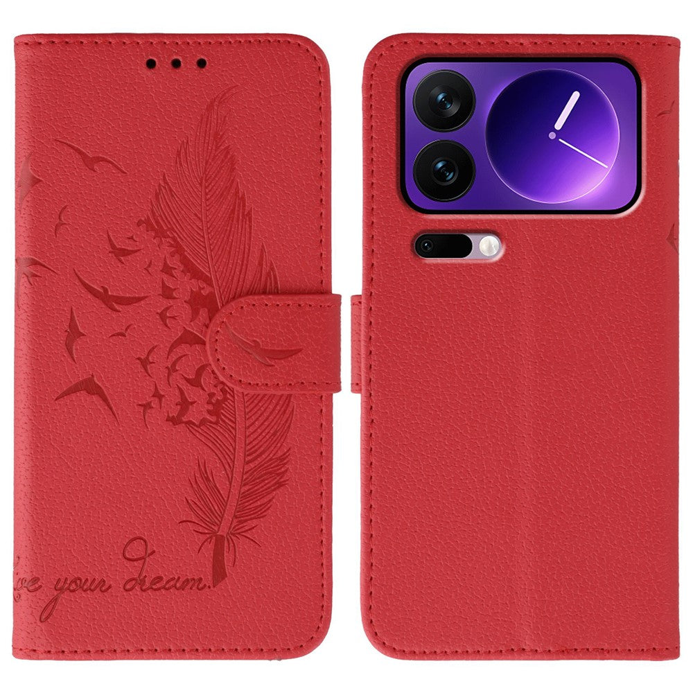 For Xiaomi 17 Pro Max Case Feather Imprint PU Leather Wallet Phone Cover - Red