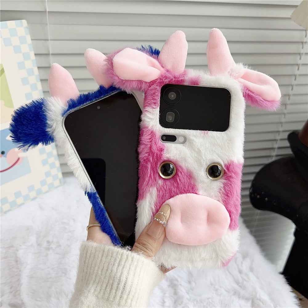 For Xiaomi 17 Pro Case Fluffy Cute Cow Winter Plush Inner TPU Phone Cover - Blue