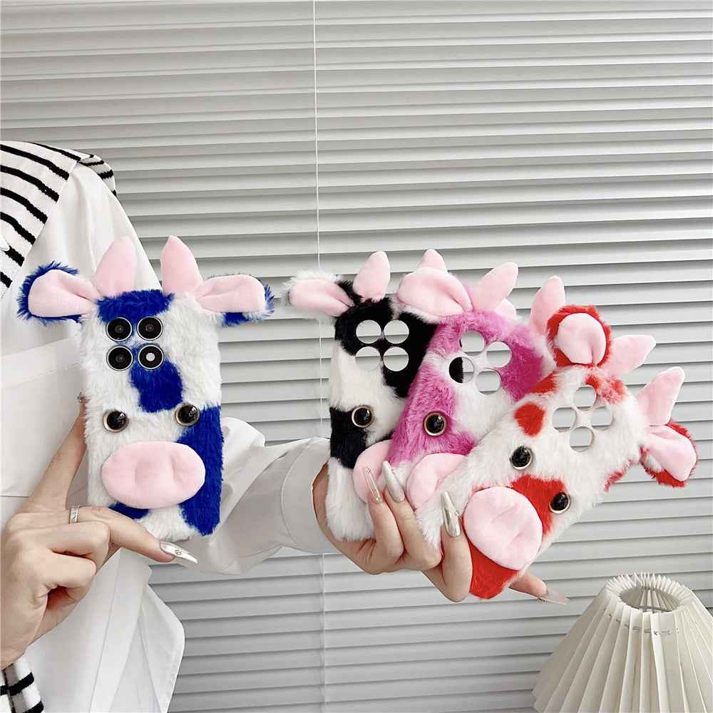 For Xiaomi 17 Pro Case Fluffy Cute Cow Winter Plush Inner TPU Phone Cover - Red