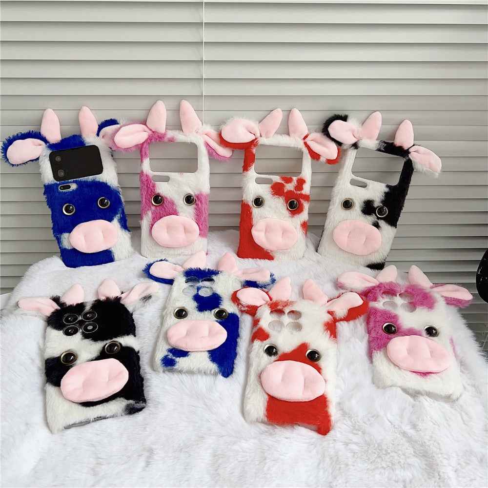 For Xiaomi 17 Pro Case Fluffy Cute Cow Winter Plush Inner TPU Phone Cover - Red