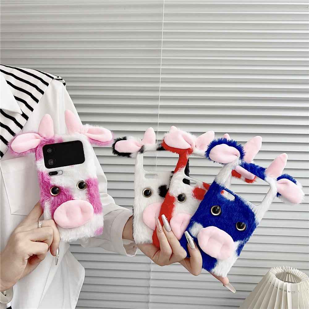 For Xiaomi 17 Pro Case Fluffy Cute Cow Winter Plush Inner TPU Phone Cover - Black