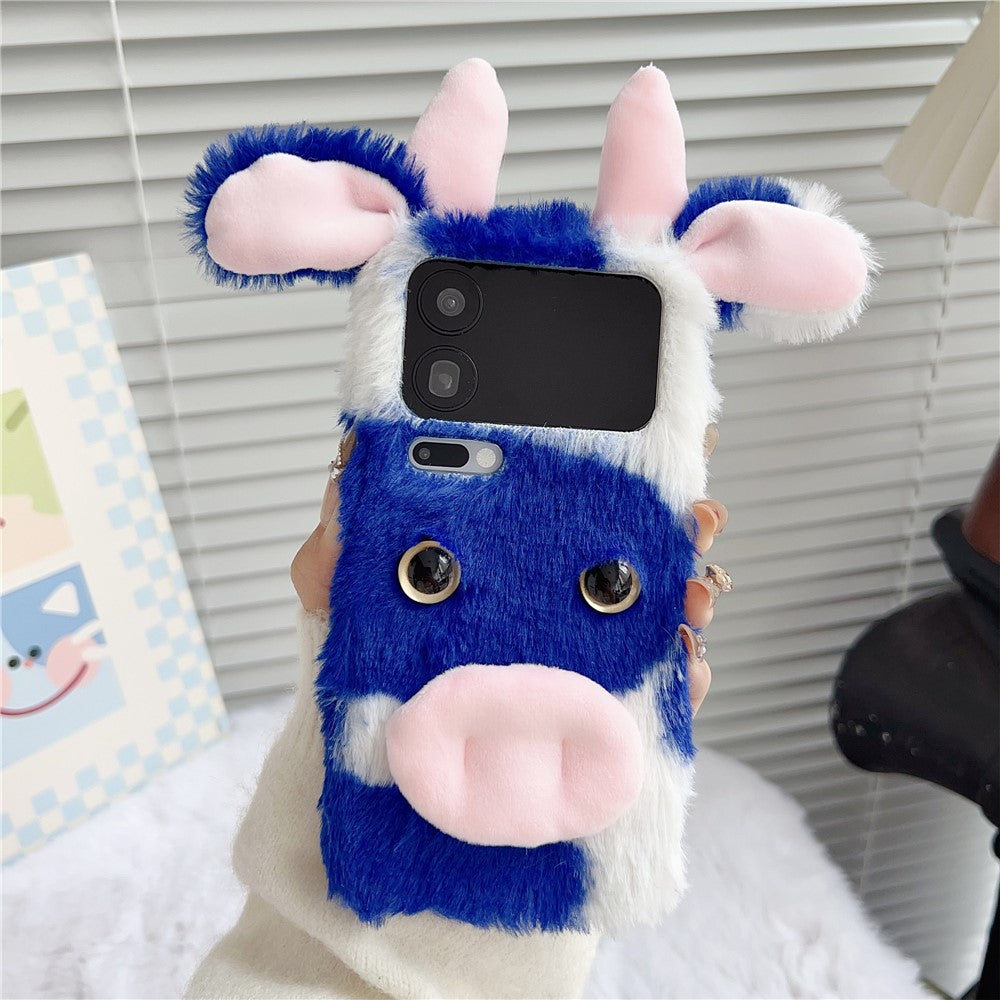 For Xiaomi 17 Pro Max Case Fluffy Cute Cow Winter Plush Inner TPU Phone Cover - Blue