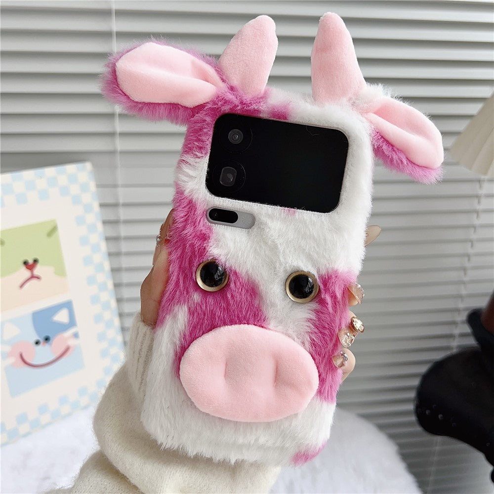 For Xiaomi 17 Pro Max Case Fluffy Cute Cow Winter Plush Inner TPU Phone Cover - Pink