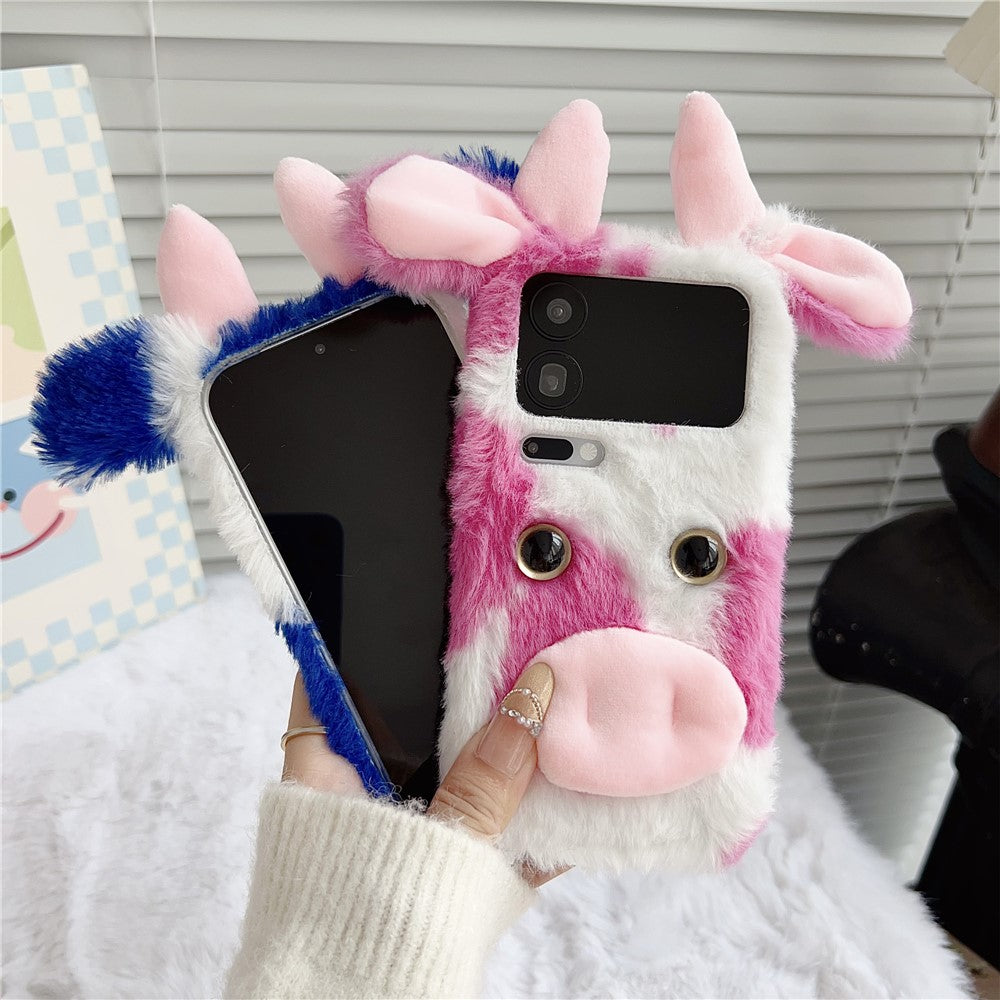 For Xiaomi 17 Pro Max Case Fluffy Cute Cow Winter Plush Inner TPU Phone Cover - Pink