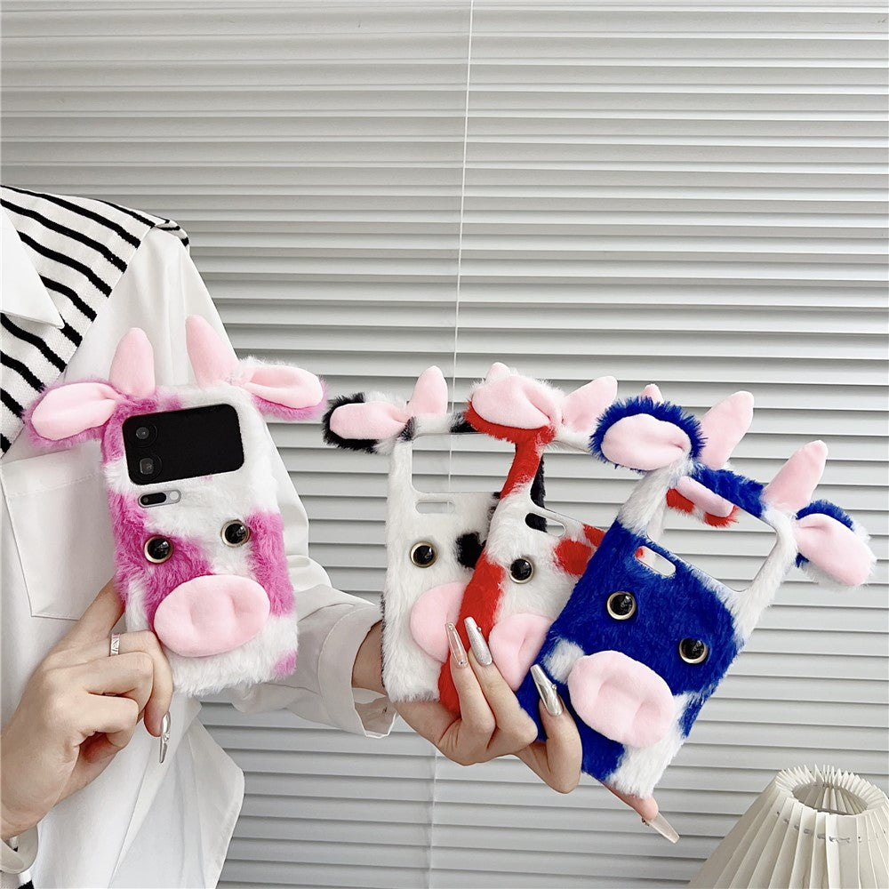 For Xiaomi 17 Pro Max Case Fluffy Cute Cow Winter Plush Inner TPU Phone Cover - Pink