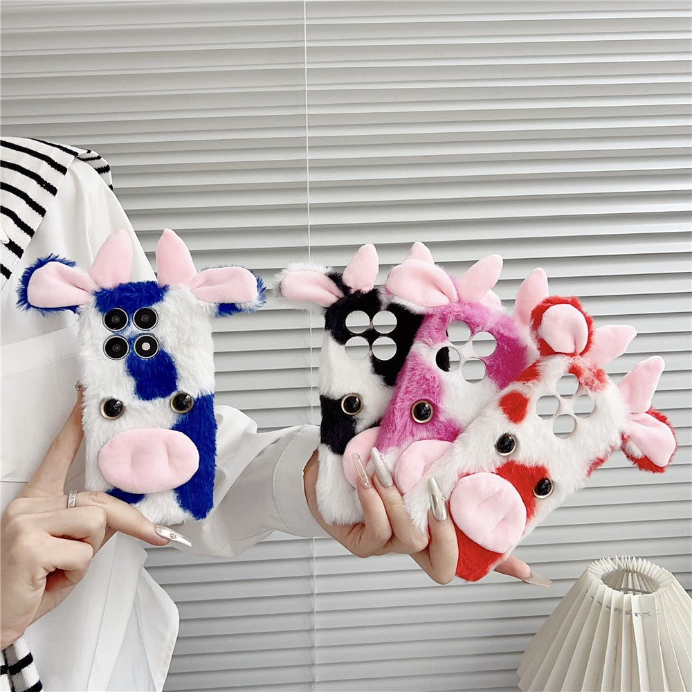 For Xiaomi 17 Pro Max Case Fluffy Cute Cow Winter Plush Inner TPU Phone Cover - Pink