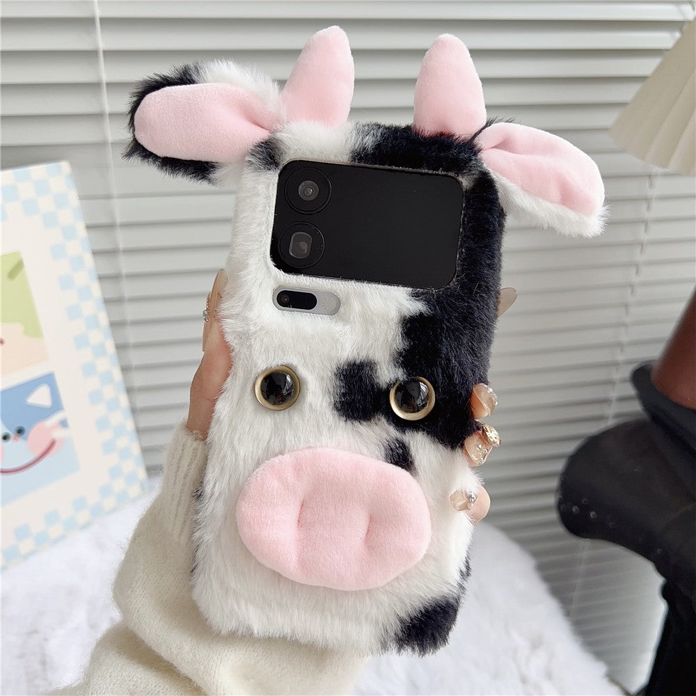 For Xiaomi 17 Pro Max Case Fluffy Cute Cow Winter Plush Inner TPU Phone Cover - Black