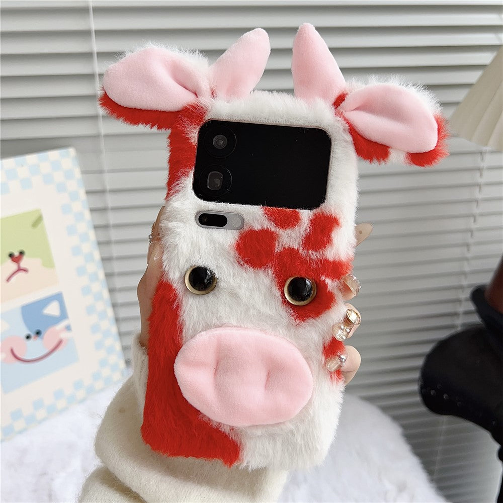 For Xiaomi 17 Pro Max Case Fluffy Cute Cow Winter Plush Inner TPU Phone Cover - Red