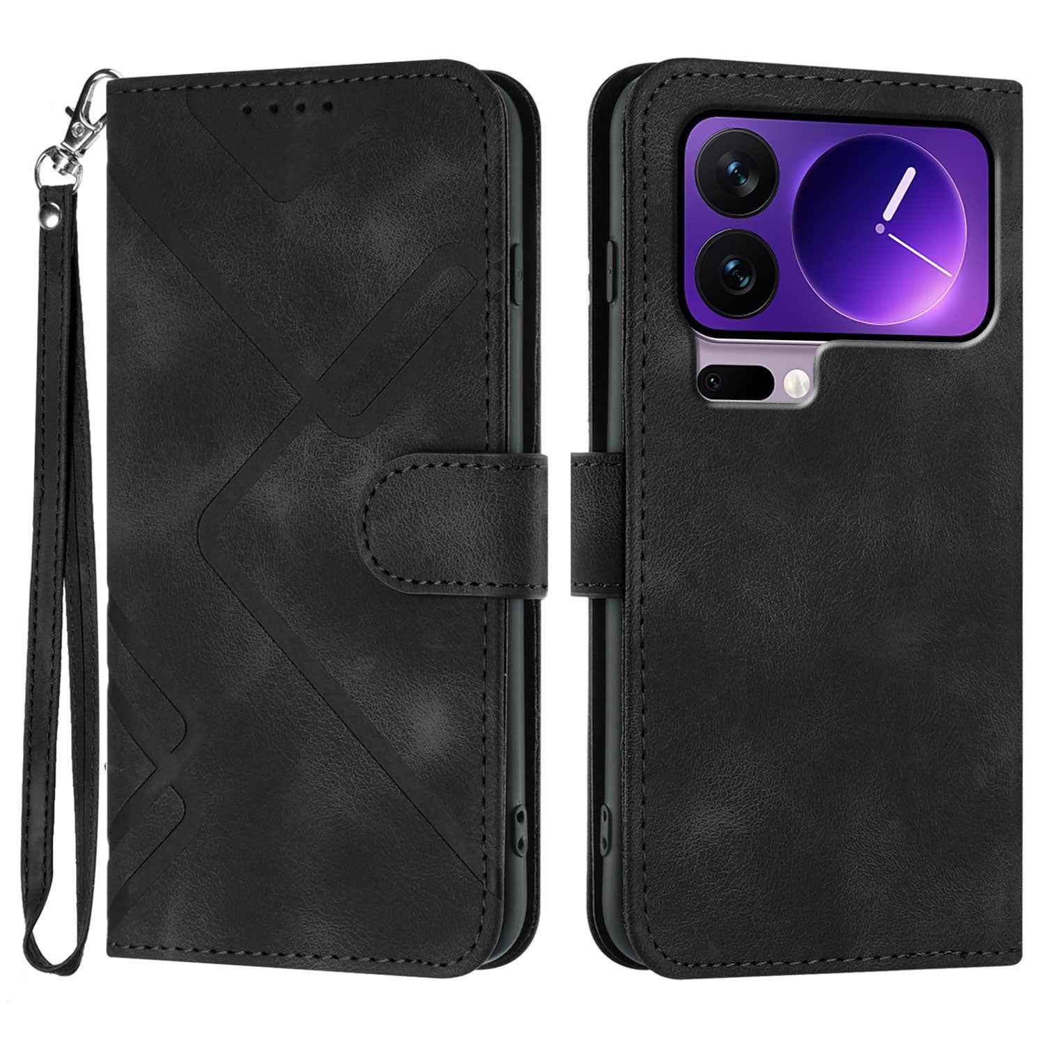 For Xiaomi 17 Pro Wallet Case Line Imprinted PU Leather Phone Cover with Strap - Black