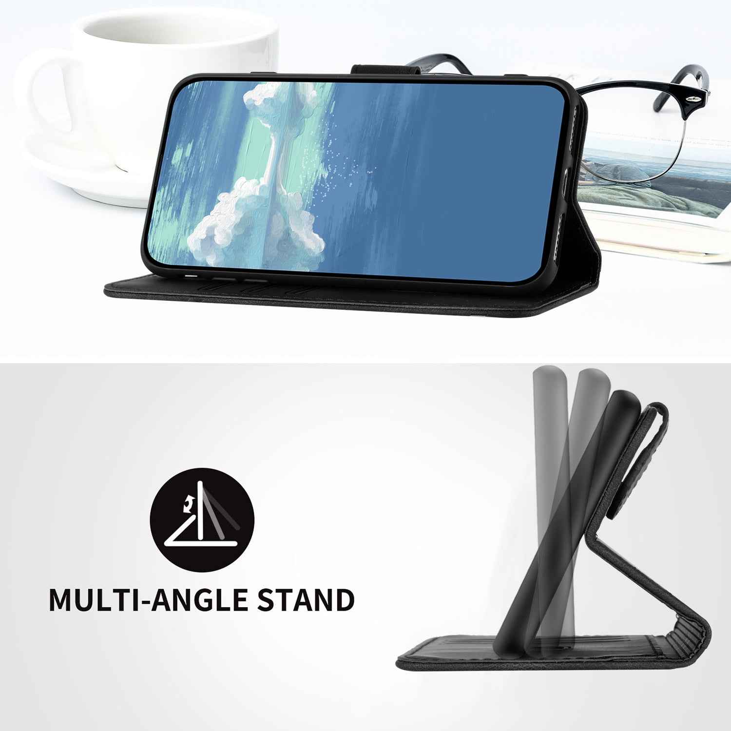 For Xiaomi 17 Pro Wallet Case Line Imprinted PU Leather Phone Cover with Strap - Black