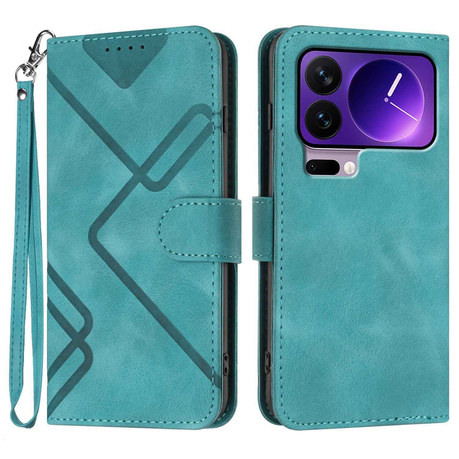 For Xiaomi 17 Pro Wallet Case Line Imprinted PU Leather Phone Cover with Strap - Light Blue