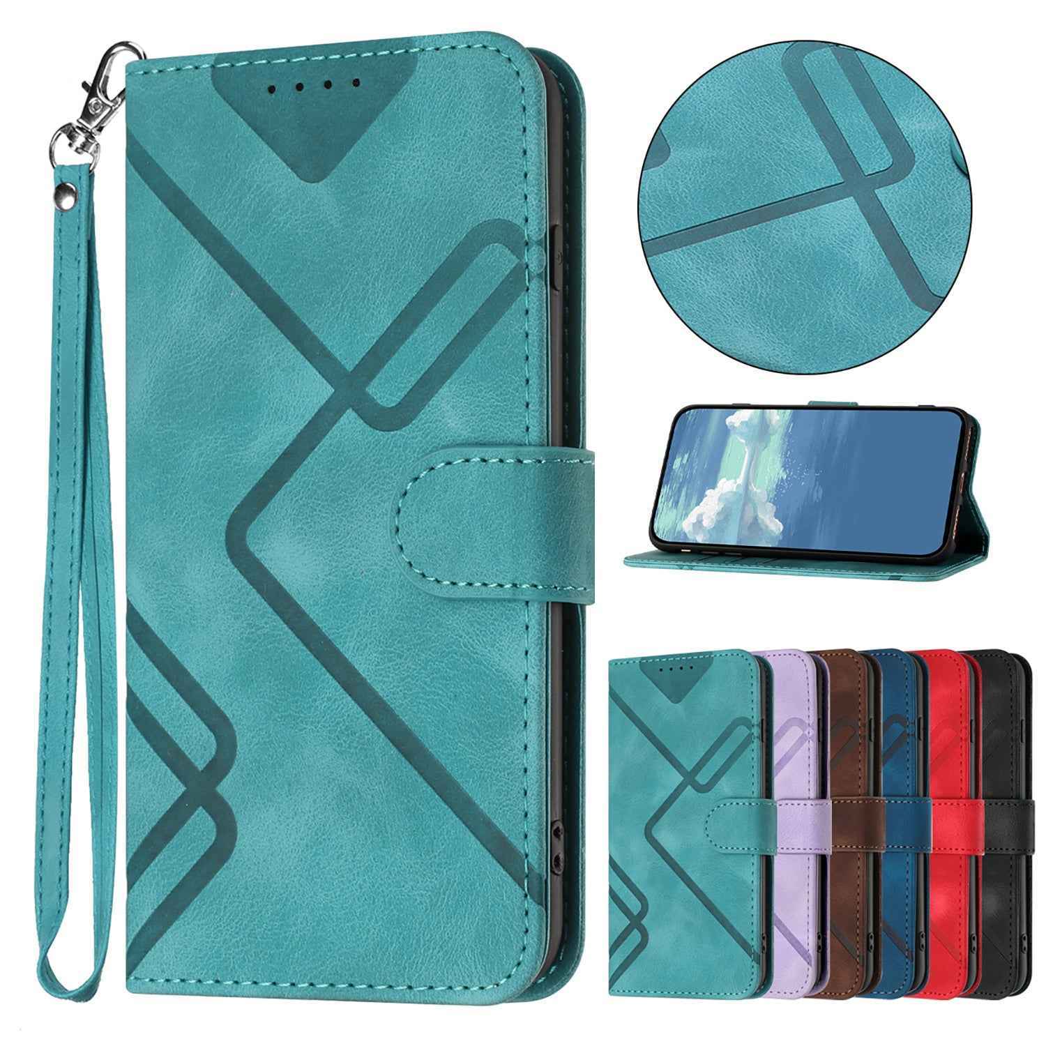 For Xiaomi 17 Pro Wallet Case Line Imprinted PU Leather Phone Cover with Strap - Light Blue