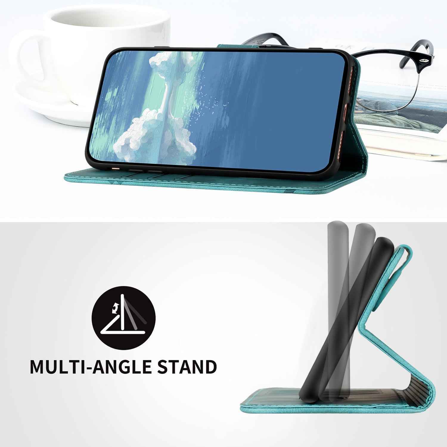 For Xiaomi 17 Pro Wallet Case Line Imprinted PU Leather Phone Cover with Strap - Light Blue