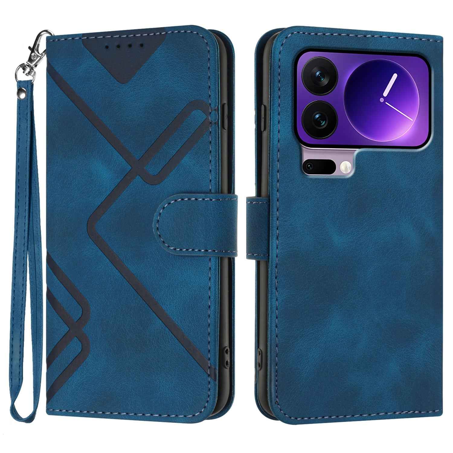For Xiaomi 17 Pro Wallet Case Line Imprinted PU Leather Phone Cover with Strap - Royal Blue