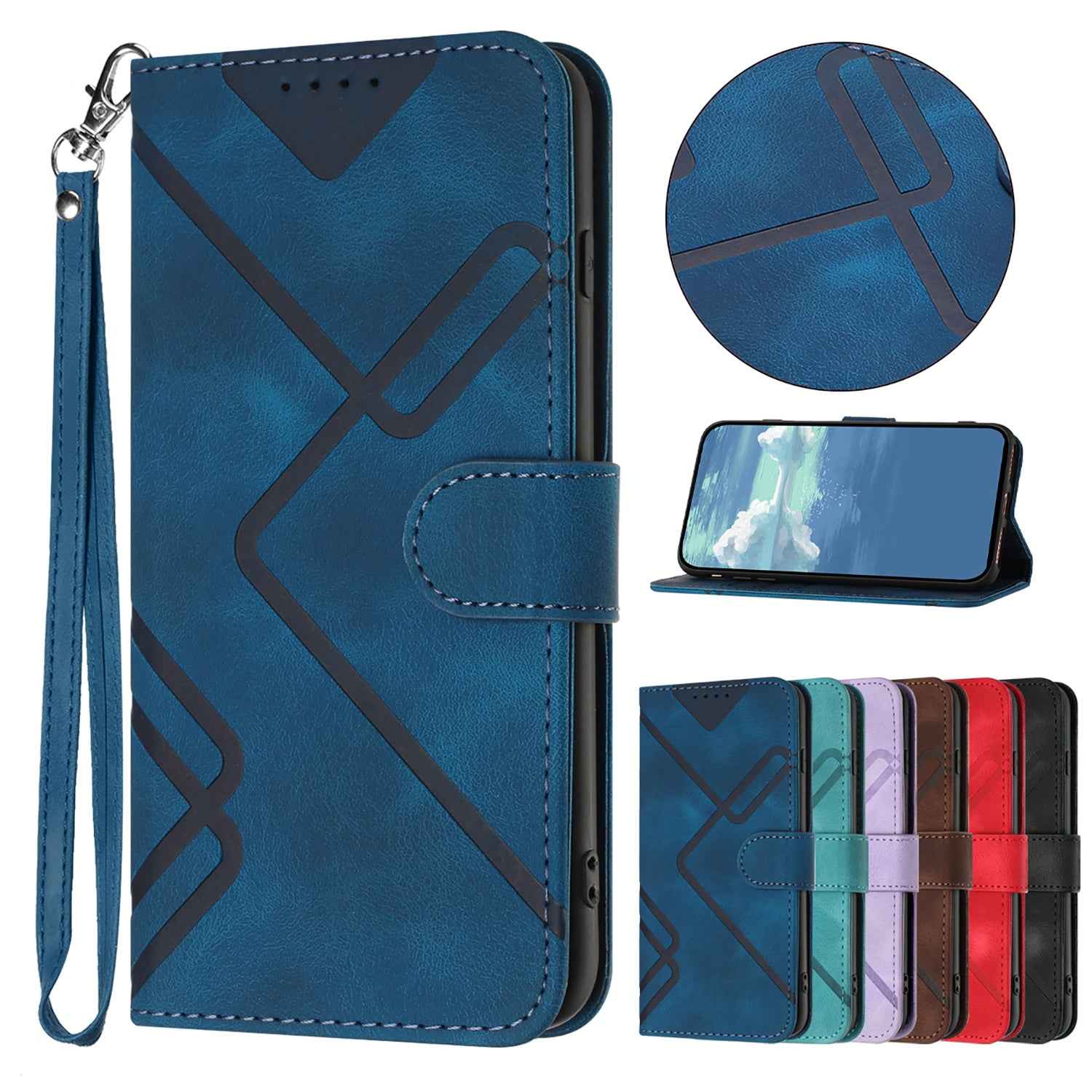 For Xiaomi 17 Pro Wallet Case Line Imprinted PU Leather Phone Cover with Strap - Royal Blue