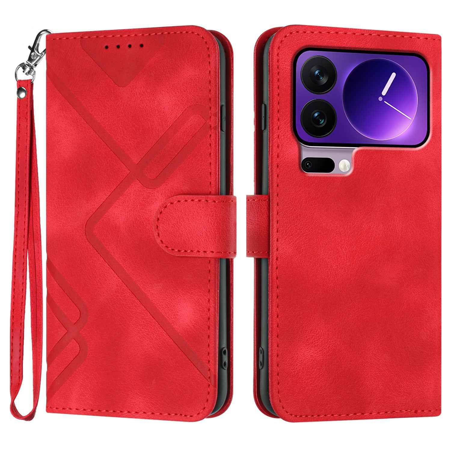 For Xiaomi 17 Pro Wallet Case Line Imprinted PU Leather Phone Cover with Strap - Red