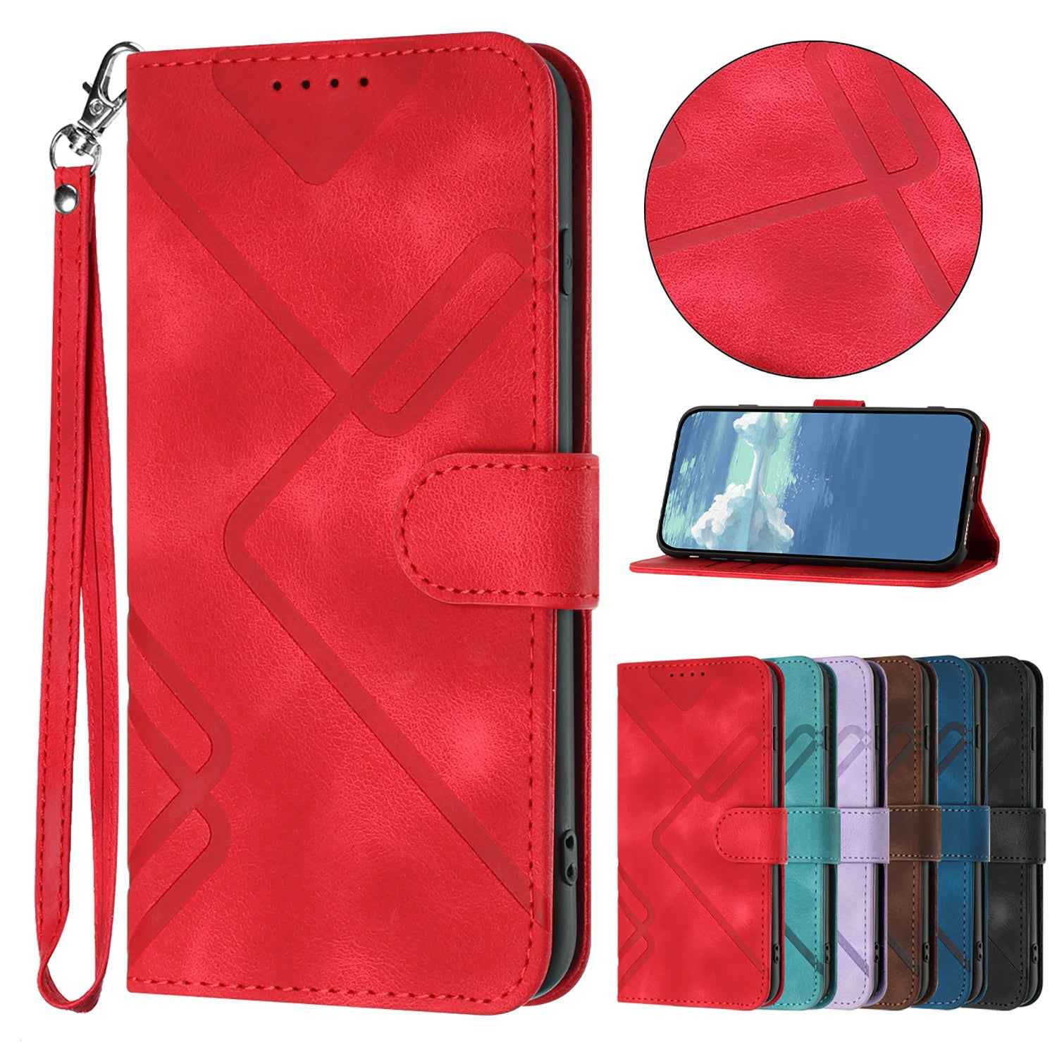 For Xiaomi 17 Pro Wallet Case Line Imprinted PU Leather Phone Cover with Strap - Red