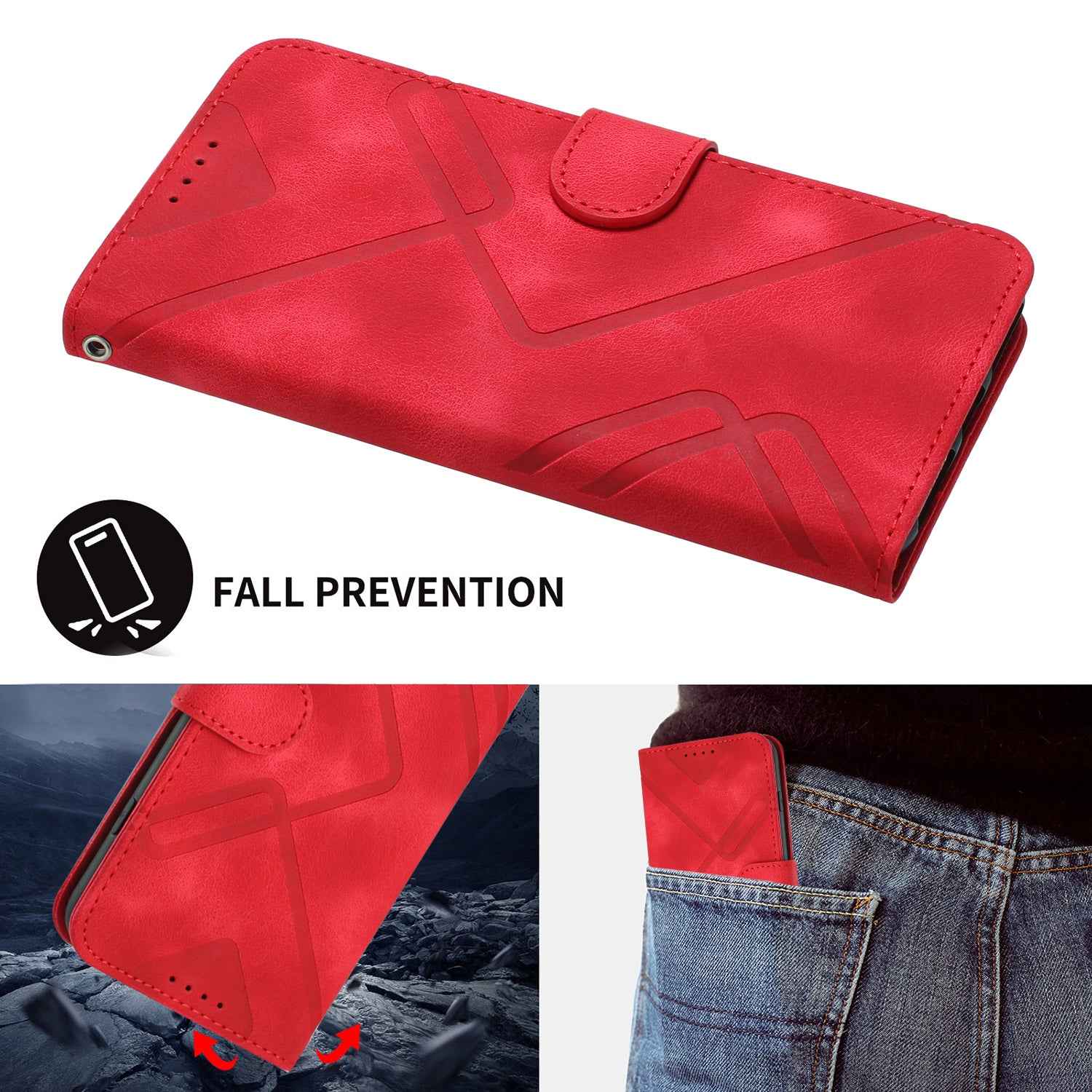 For Xiaomi 17 Pro Wallet Case Line Imprinted PU Leather Phone Cover with Strap - Red