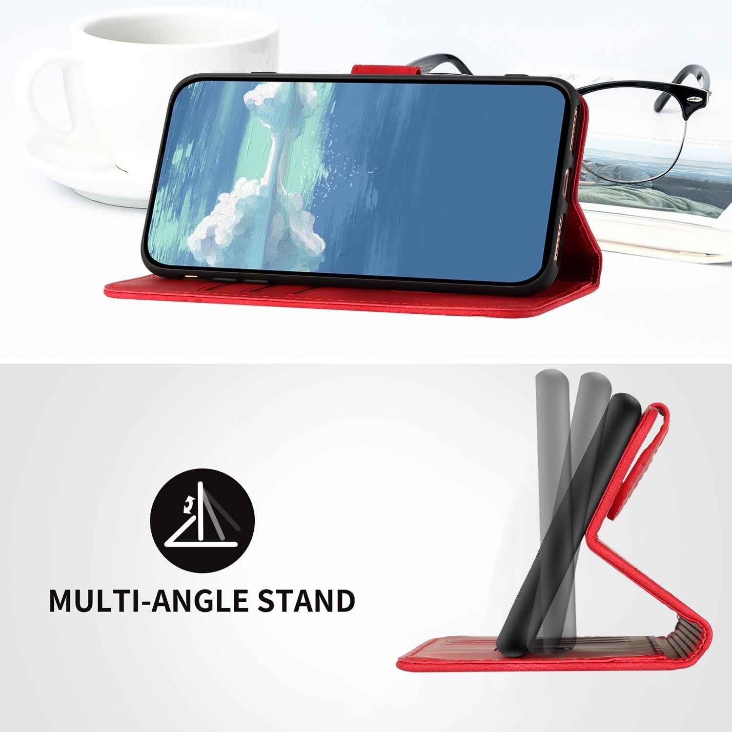 For Xiaomi 17 Pro Wallet Case Line Imprinted PU Leather Phone Cover with Strap - Red