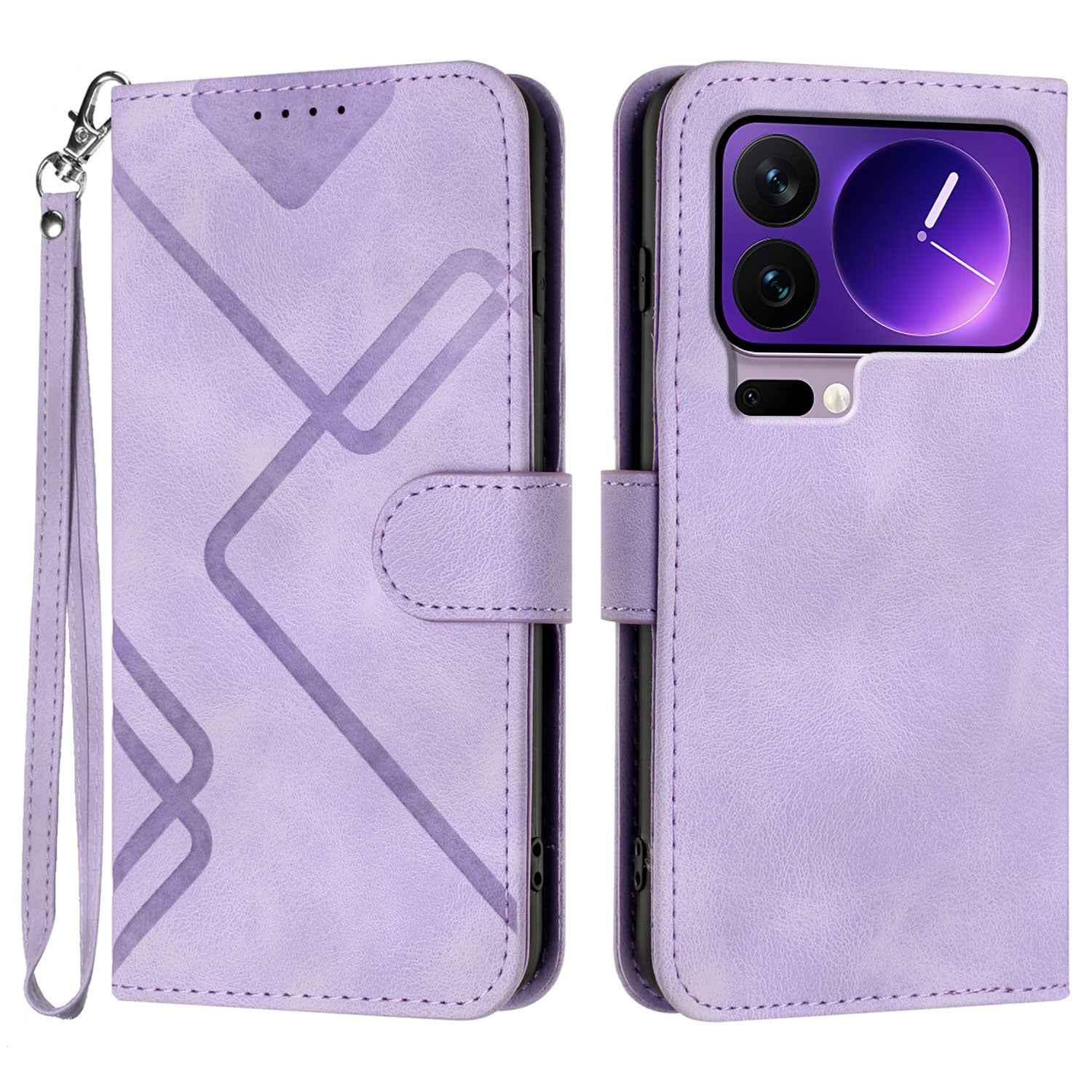 For Xiaomi 17 Pro Wallet Case Line Imprinted PU Leather Phone Cover with Strap - Purple