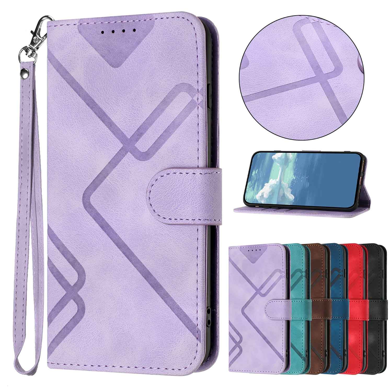 For Xiaomi 17 Pro Wallet Case Line Imprinted PU Leather Phone Cover with Strap - Purple