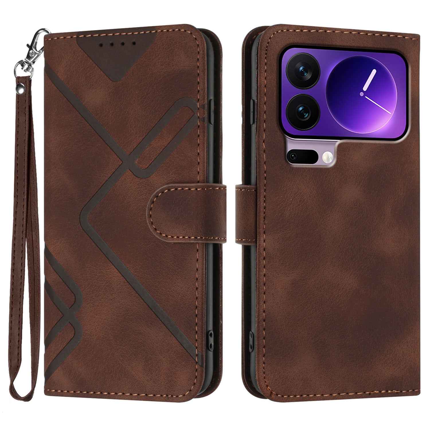 For Xiaomi 17 Pro Wallet Case Line Imprinted PU Leather Phone Cover with Strap - Brown