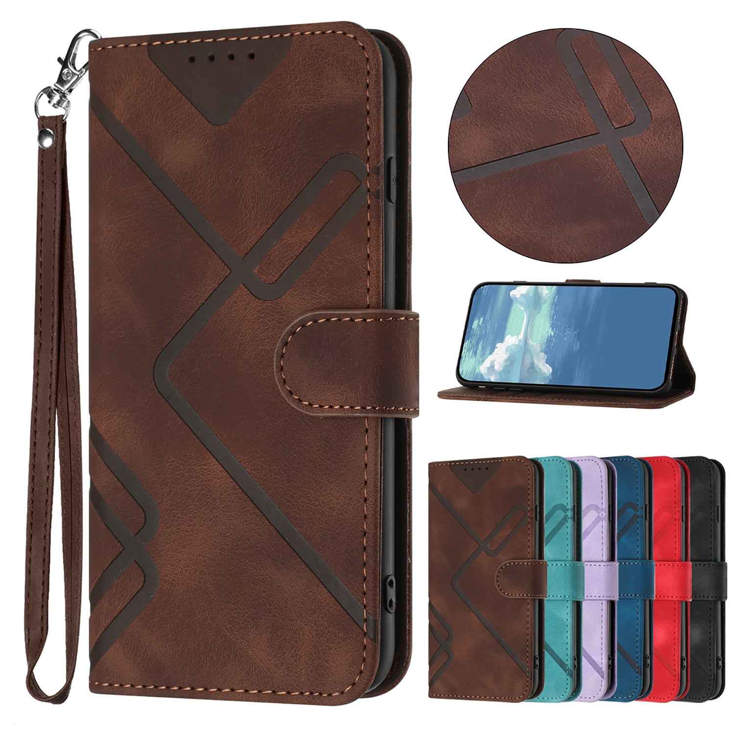 For Xiaomi 17 Pro Wallet Case Line Imprinted PU Leather Phone Cover with Strap - Brown