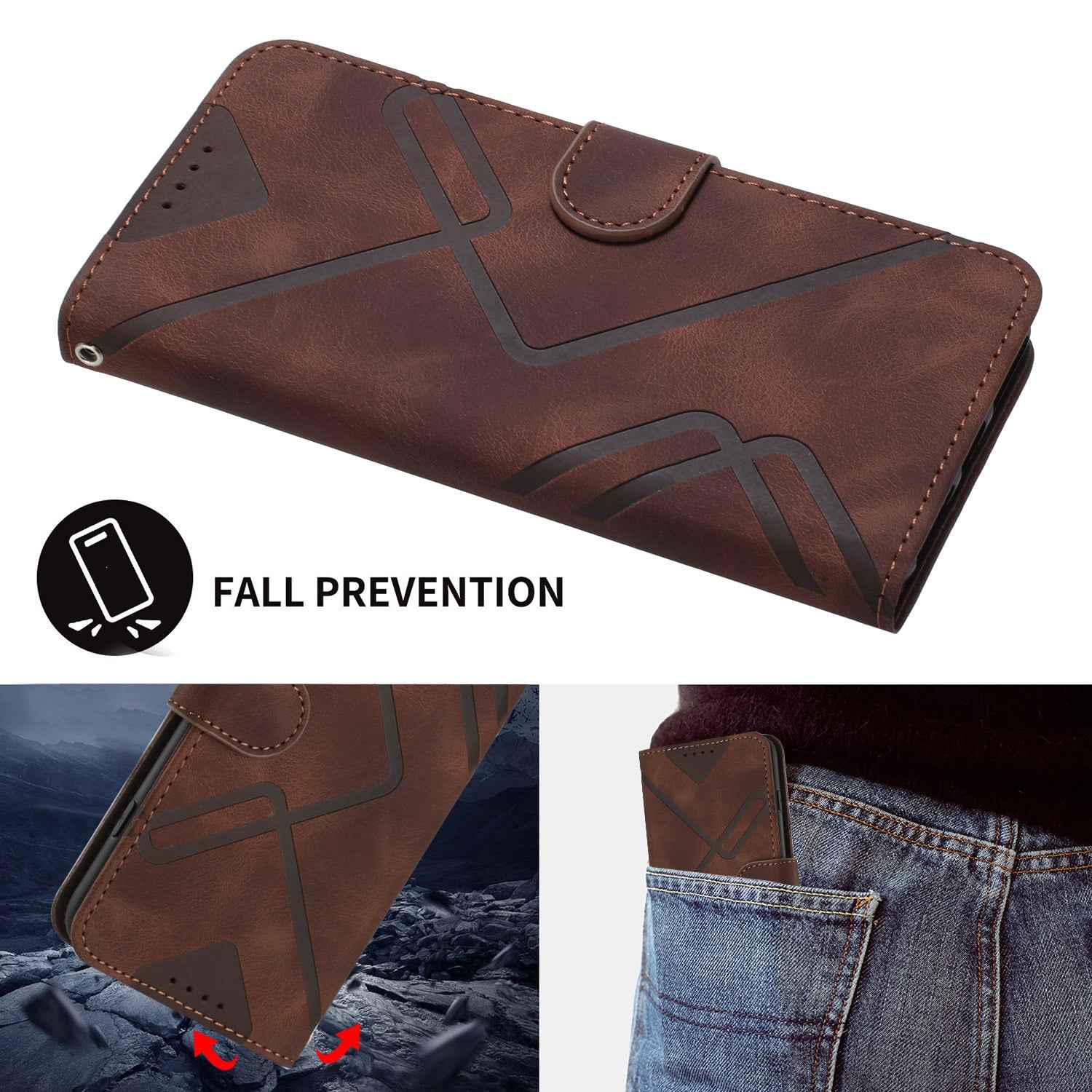 For Xiaomi 17 Pro Wallet Case Line Imprinted PU Leather Phone Cover with Strap - Brown
