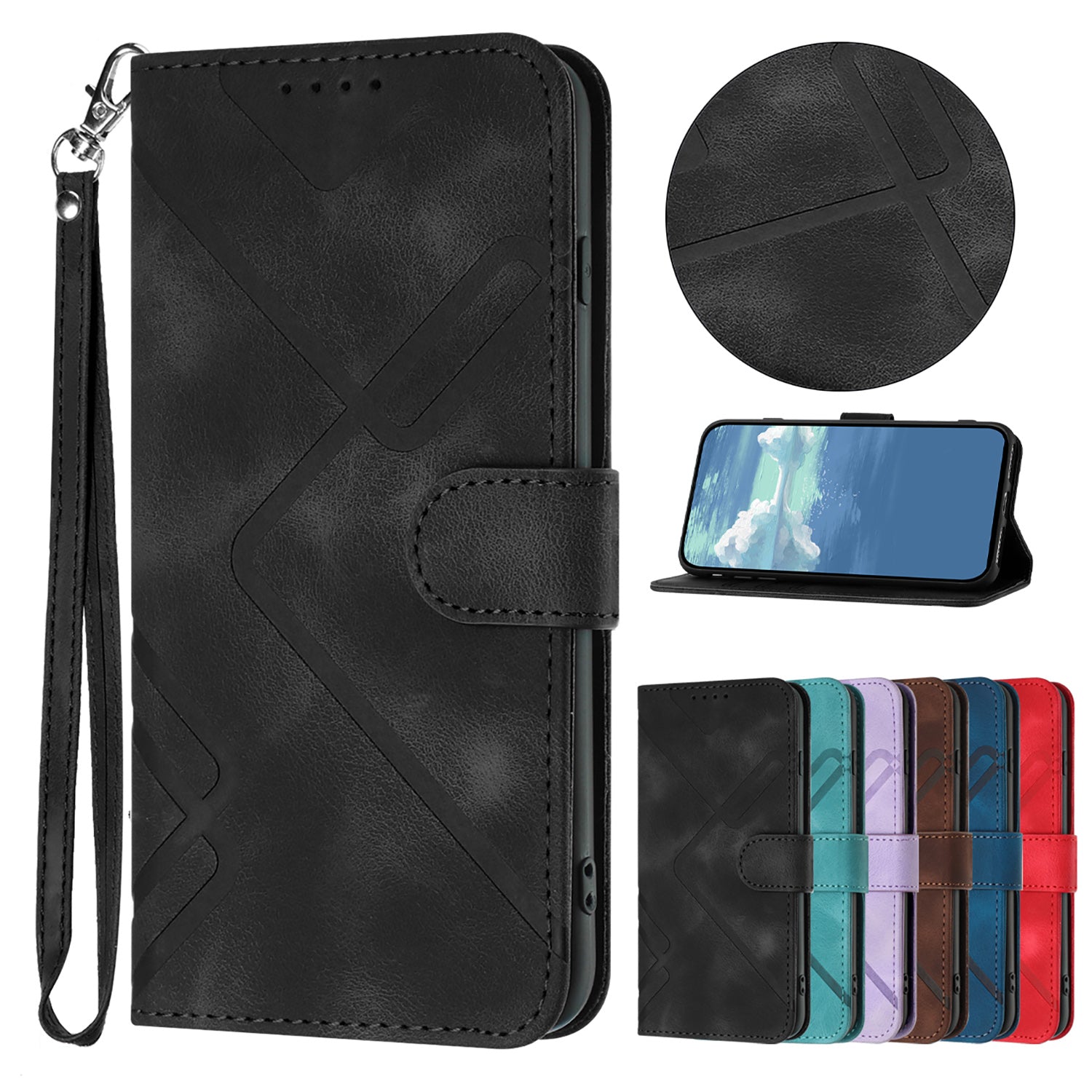 For Xiaomi 17 Pro Max Wallet Case Line Imprinted PU Leather Phone Cover with Strap - Black