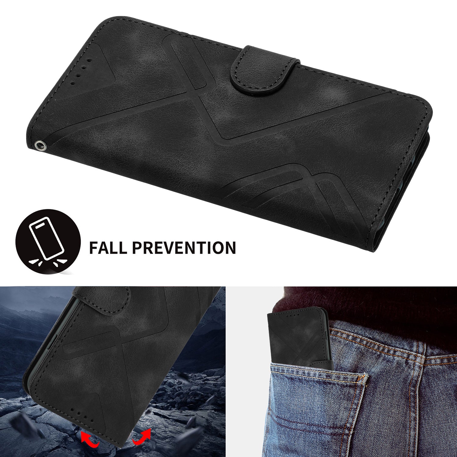 For Xiaomi 17 Pro Max Wallet Case Line Imprinted PU Leather Phone Cover with Strap - Black