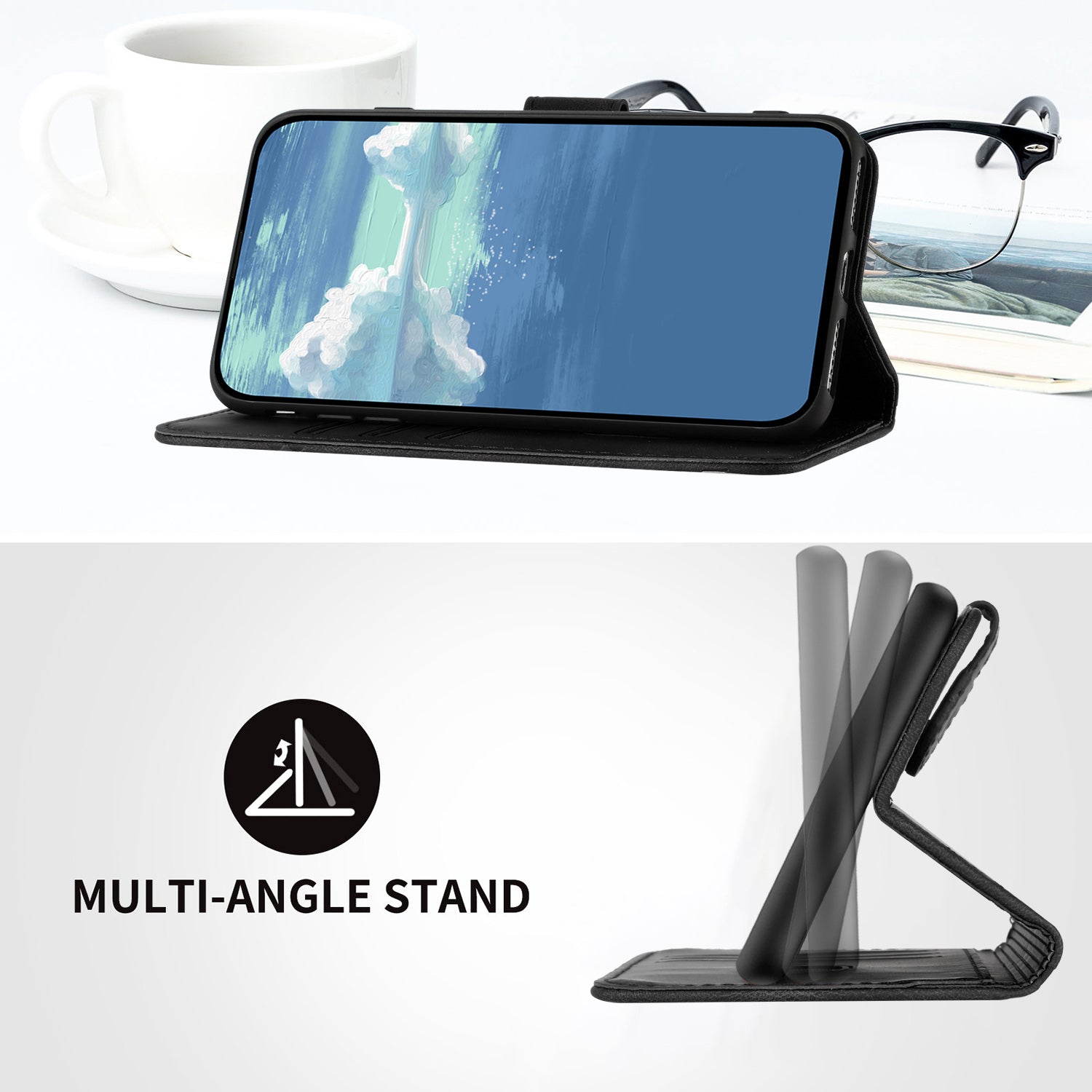 For Xiaomi 17 Pro Max Wallet Case Line Imprinted PU Leather Phone Cover with Strap - Black