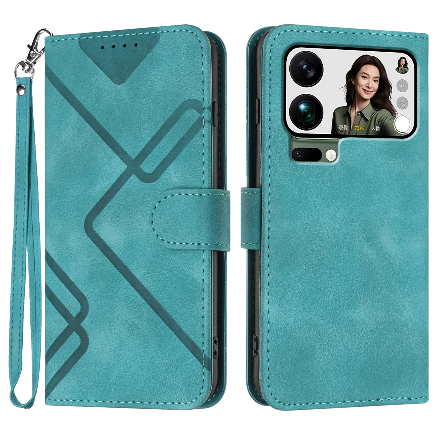 For Xiaomi 17 Pro Max Wallet Case Line Imprinted PU Leather Phone Cover with Strap - Light Blue