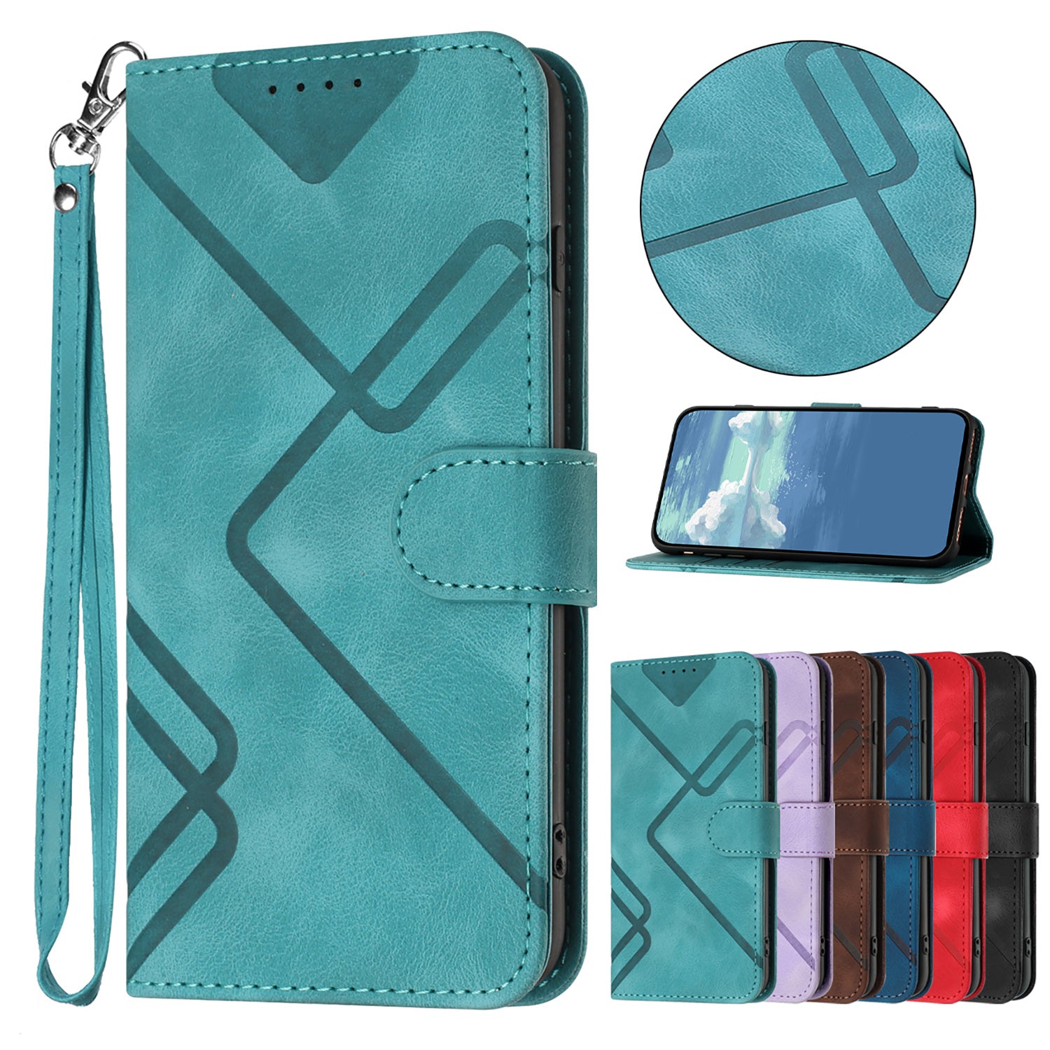 For Xiaomi 17 Pro Max Wallet Case Line Imprinted PU Leather Phone Cover with Strap - Light Blue