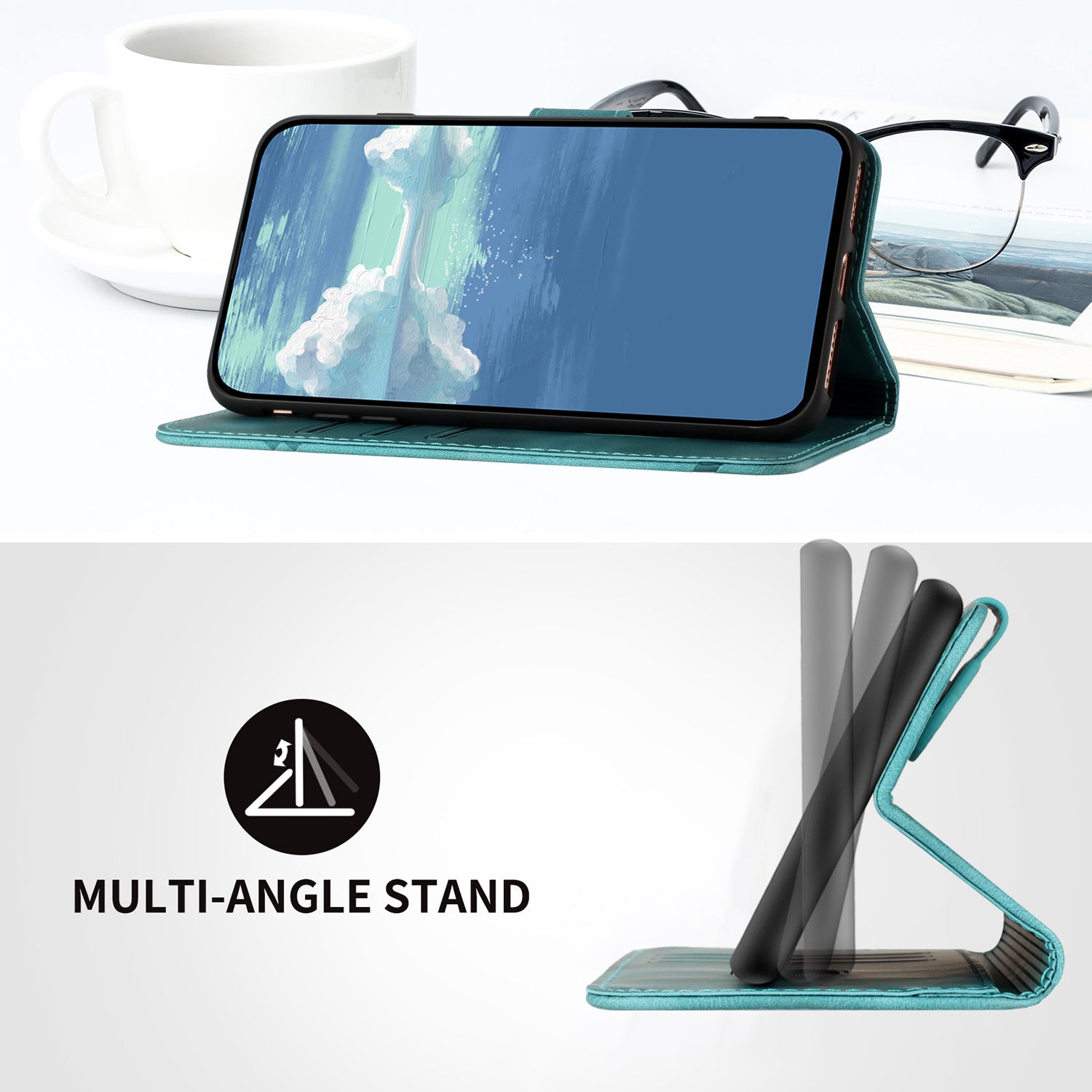 For Xiaomi 17 Pro Max Wallet Case Line Imprinted PU Leather Phone Cover with Strap - Light Blue