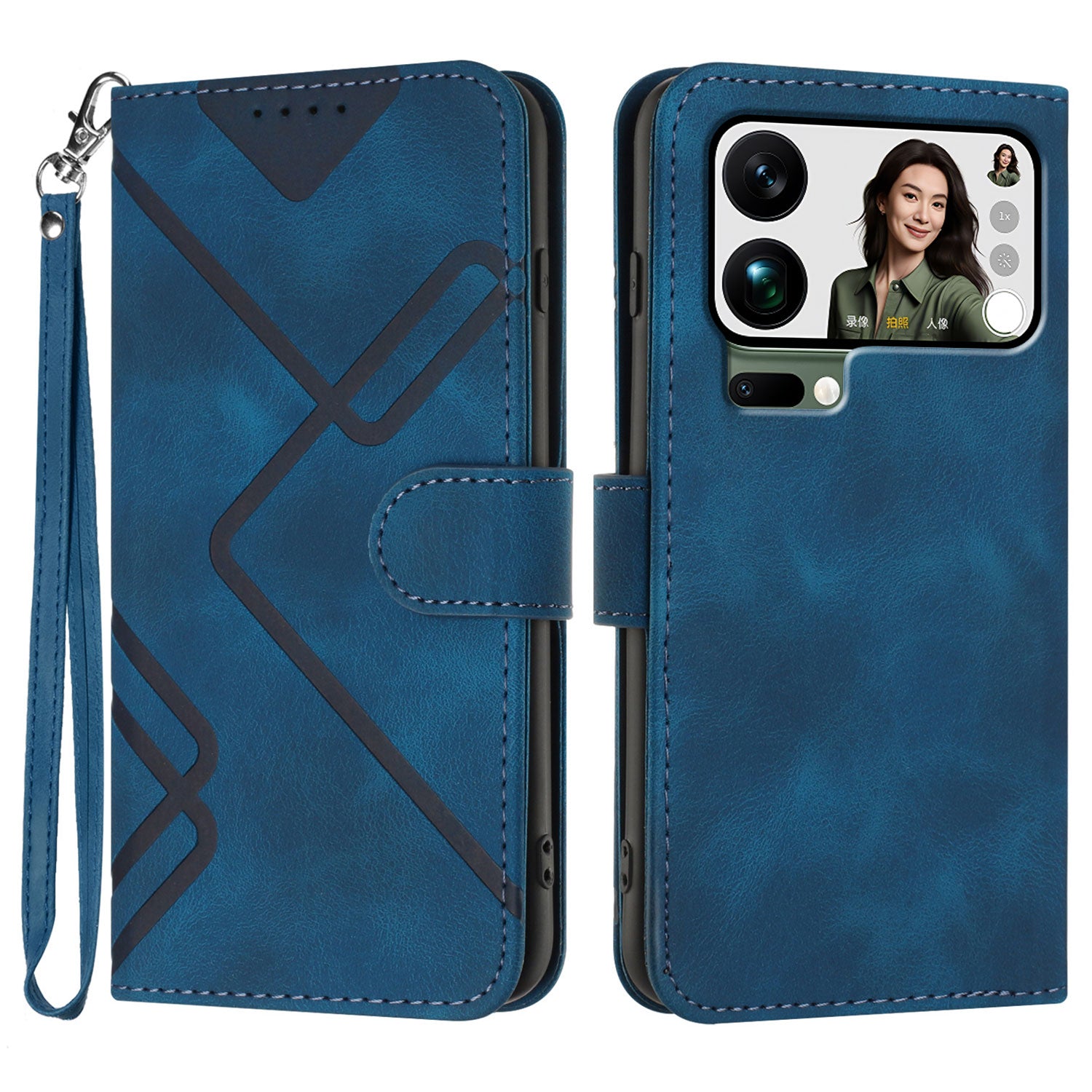 For Xiaomi 17 Pro Max Wallet Case Line Imprinted PU Leather Phone Cover with Strap - Royal Blue